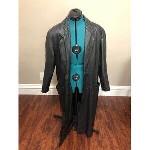 Vintage Global Identity Blak Leather Maxi Trench Double Buttoned Coat, S